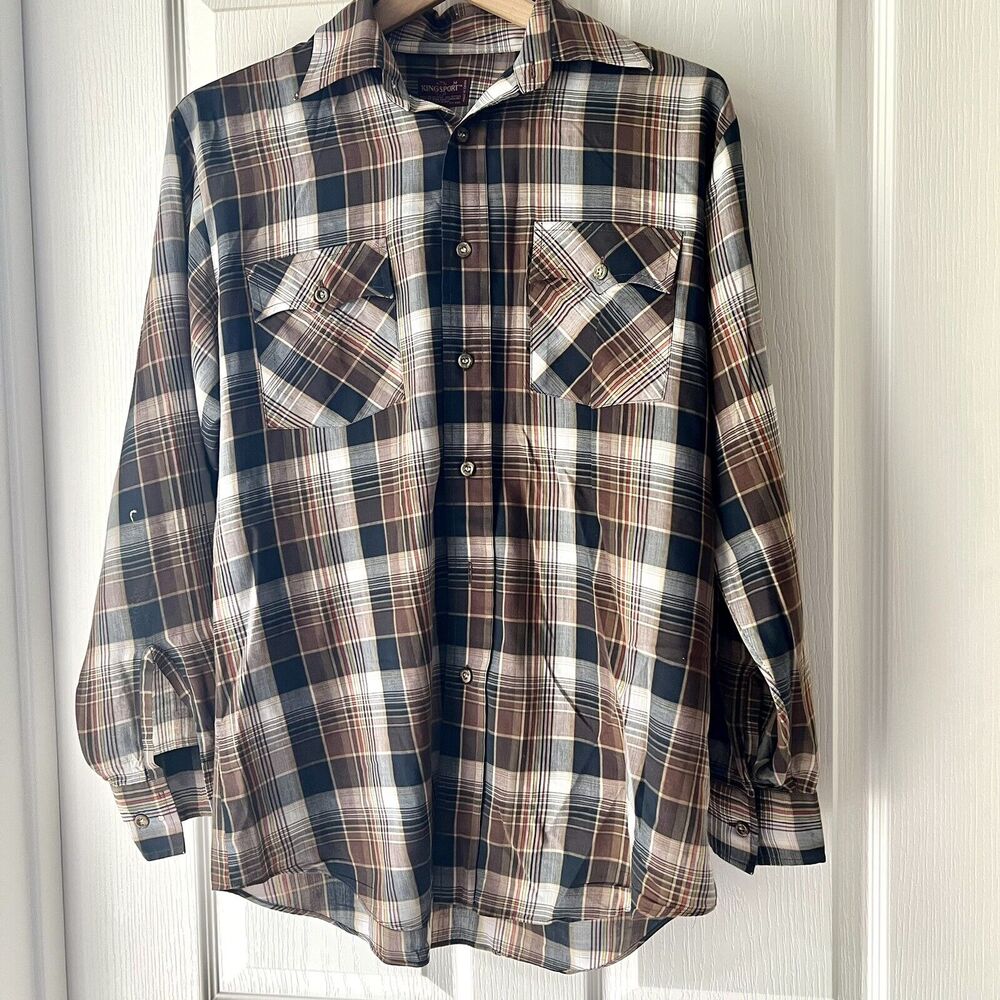 Vtg 70s Kingsport Button Down Dress Shirt Long Sleeve Size Medium Brown Orange